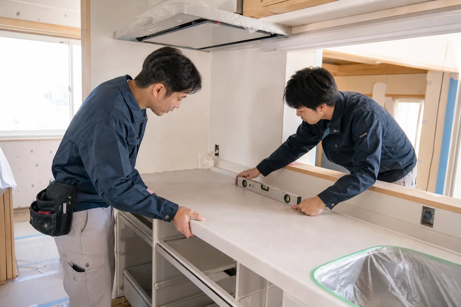 現場で図面と仕上げ材を確認する様子