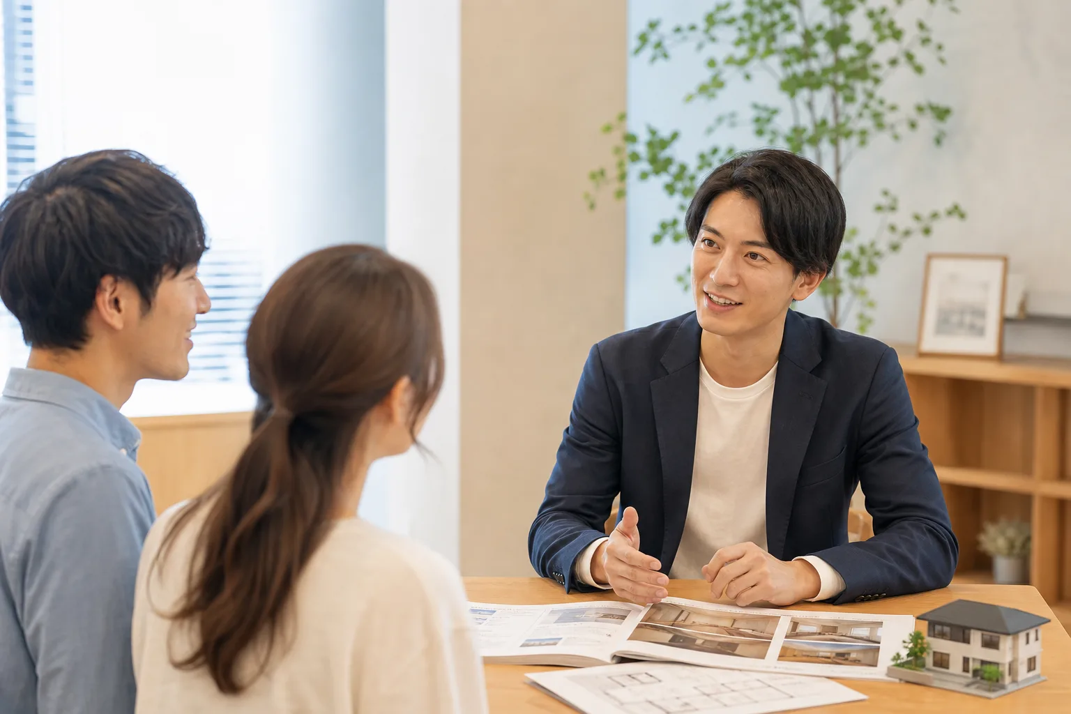 図面と模型を囲んだ打ち合わせ