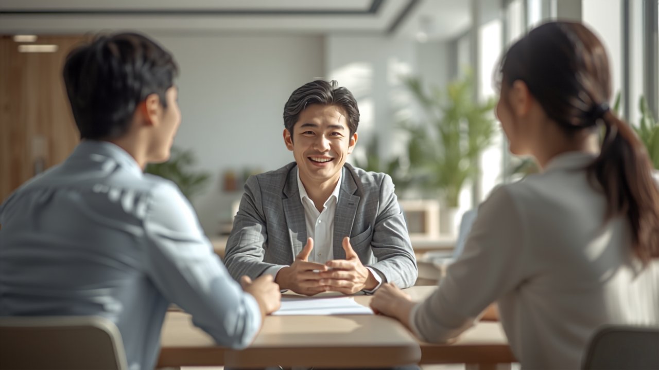 不動産会社の営業担当がお客様ご夫婦に笑顔で説明する商談風景