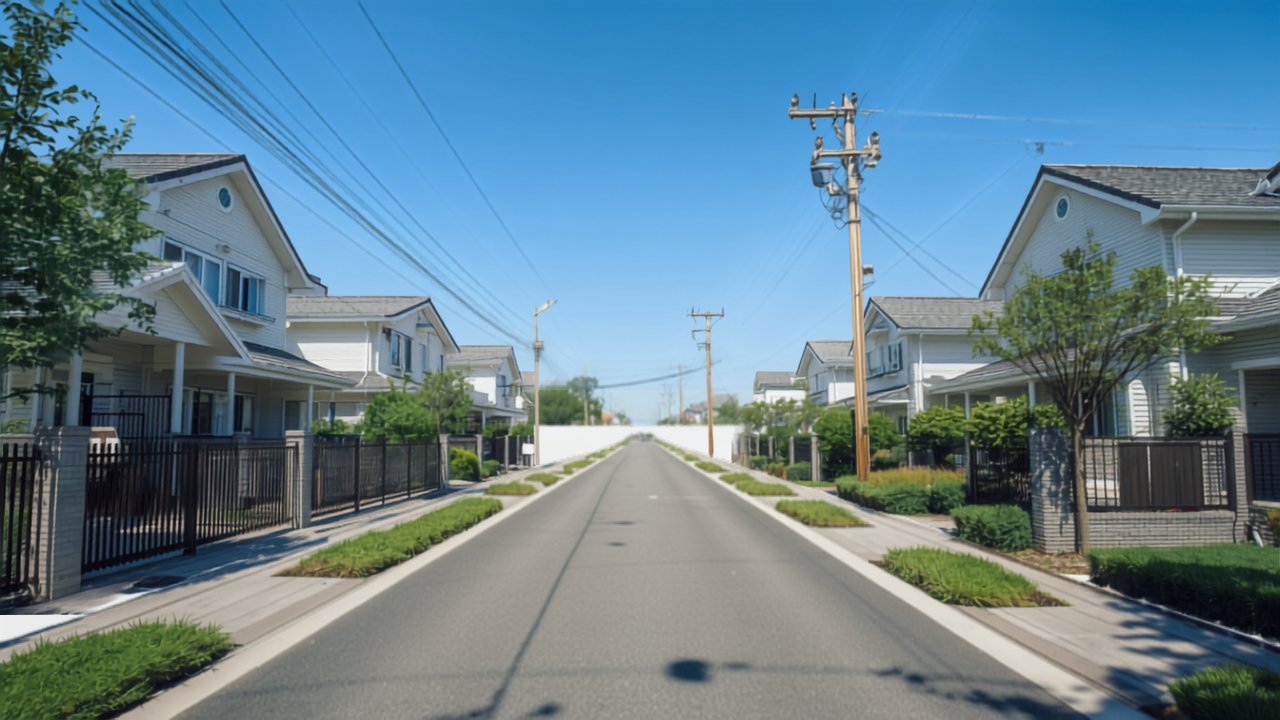青空の下に戸建て住宅が並ぶ明るい住宅街の街並み