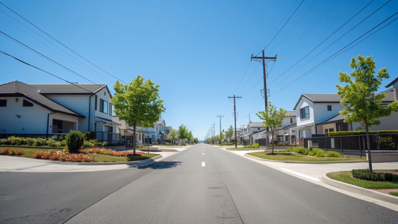 緑のある新しい住宅街の通り