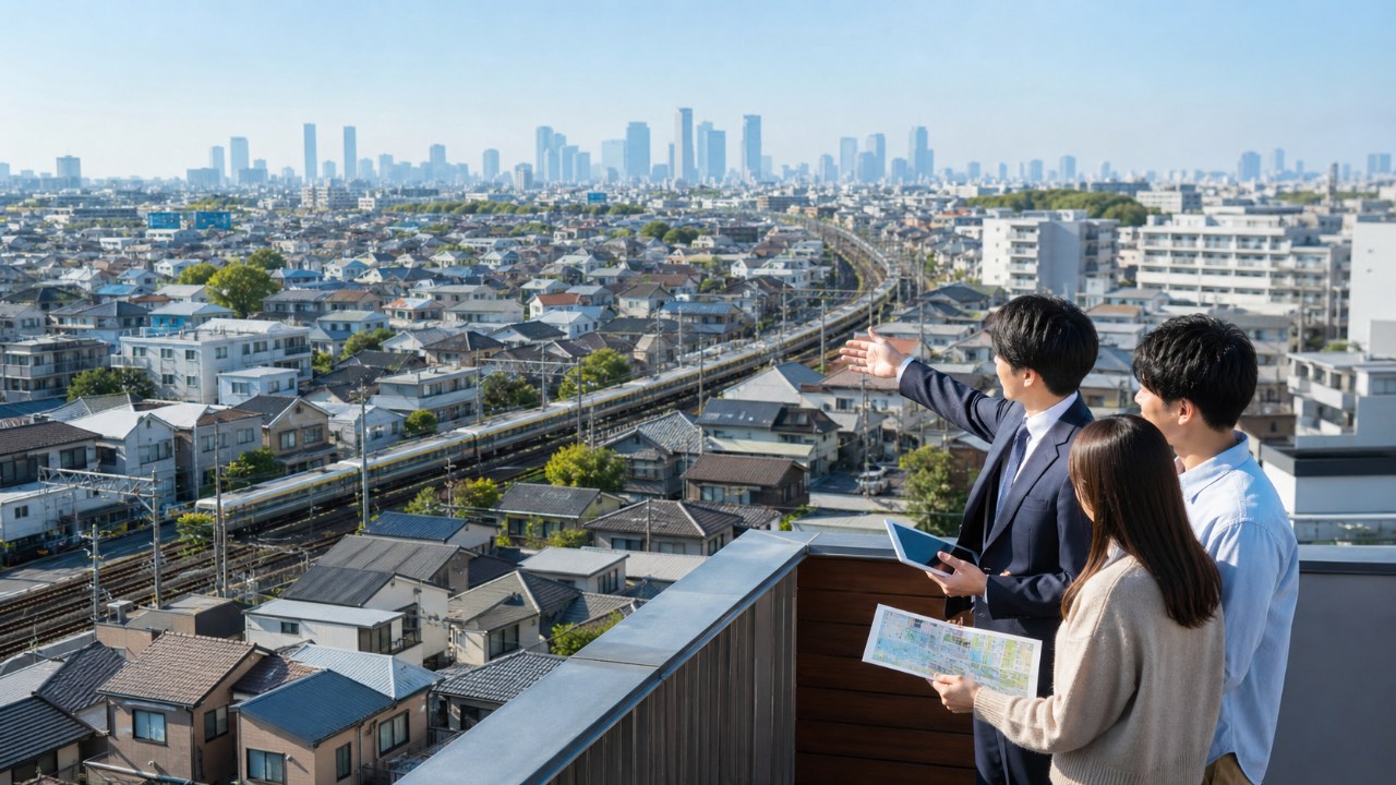 都心から周辺の住宅地へ広がる需要を見渡す不動産担当者と住宅購入検討者