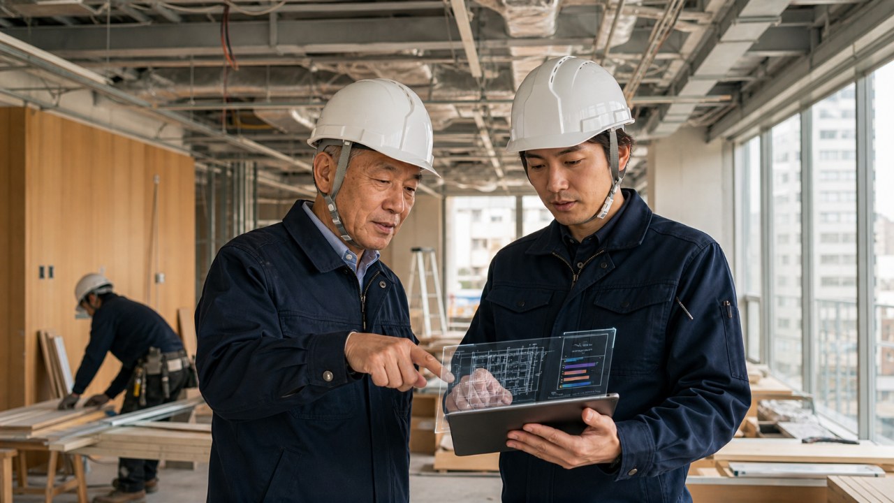 改修工事の現場でベテランと若手がデジタル工程情報を確認する様子