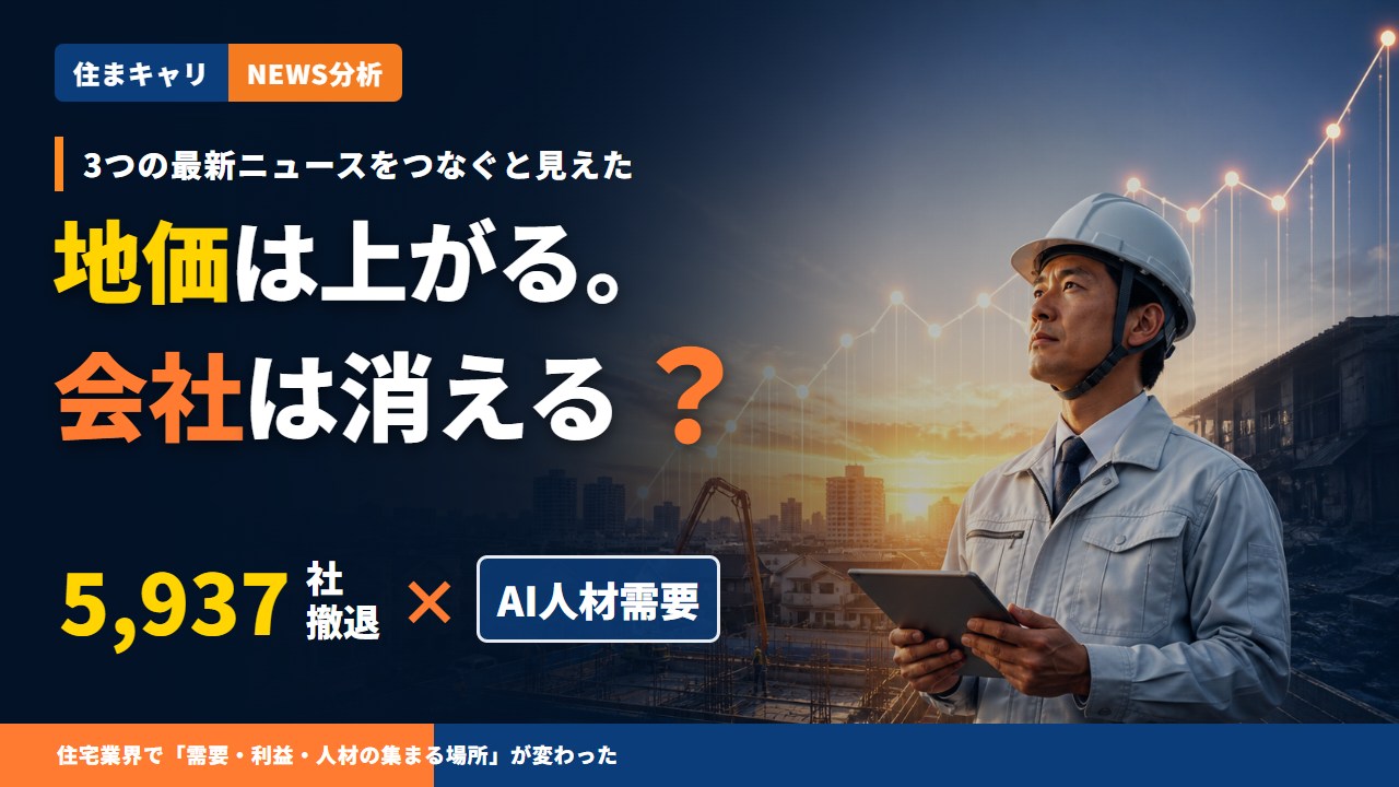 地価上昇、建設業5,937社撤退、AI人材需要を読み解く住まキャリのニュース分析