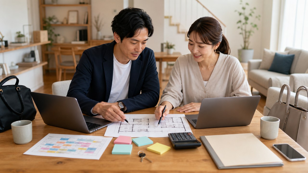 共働き夫婦が二人の仕事と住宅購入を同時に計画する様子