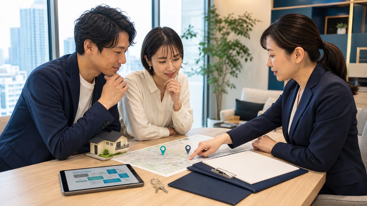 住む場所と働く場所を地図上で同時に検討する夫婦とキャリアアドバイザー