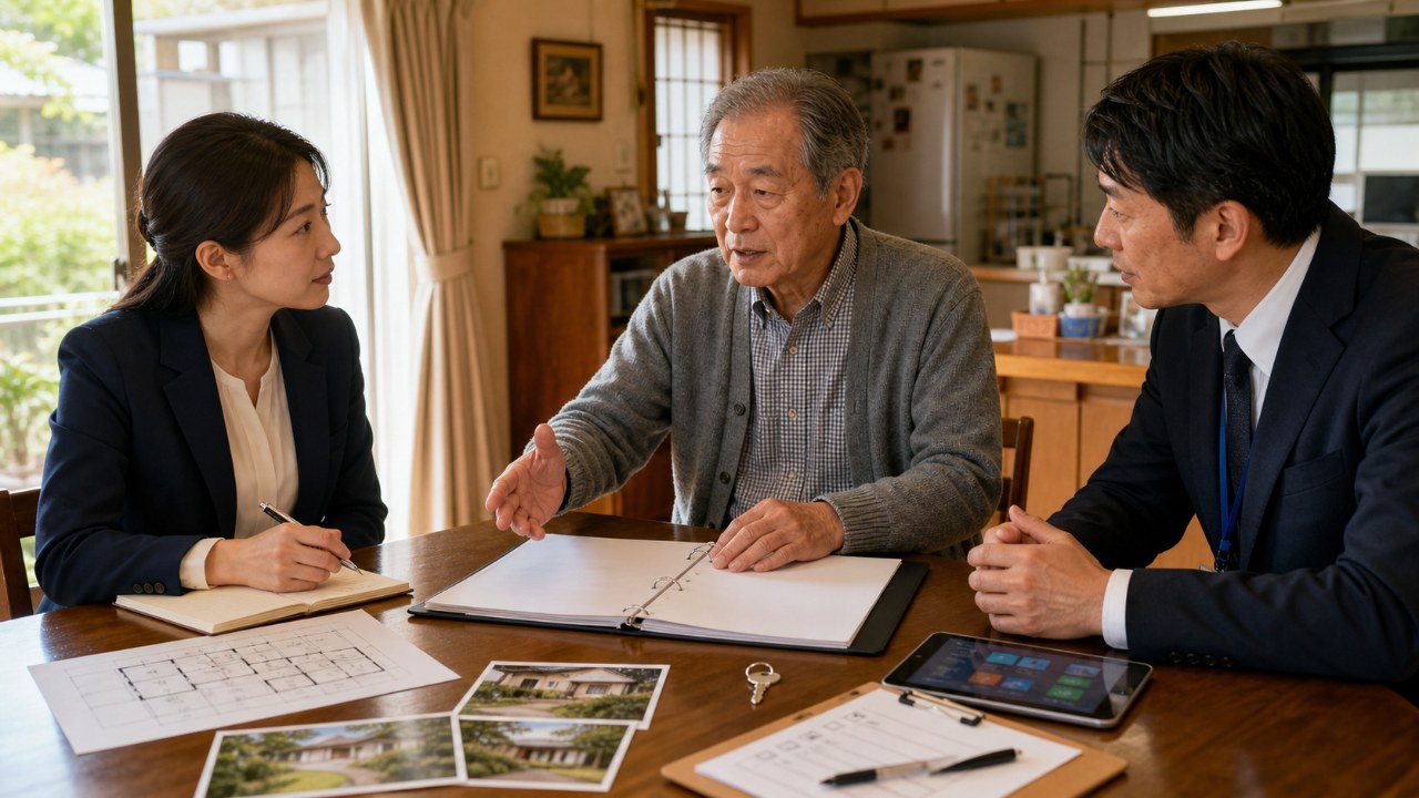 高齢の家主と不動産・福祉の専門家が居住中から家の引継ぎ情報を整理する様子