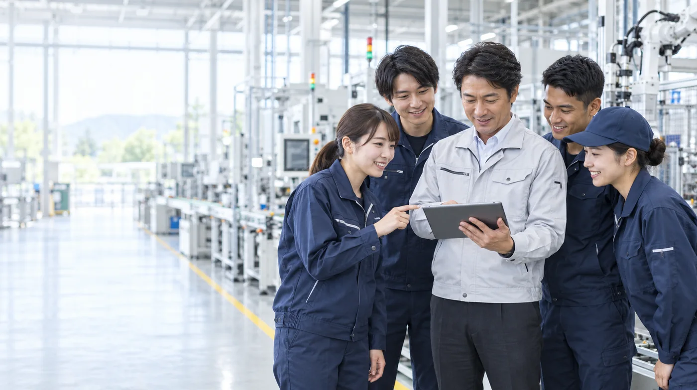 製造現場で業務を確認する技術者と生産スタッフ