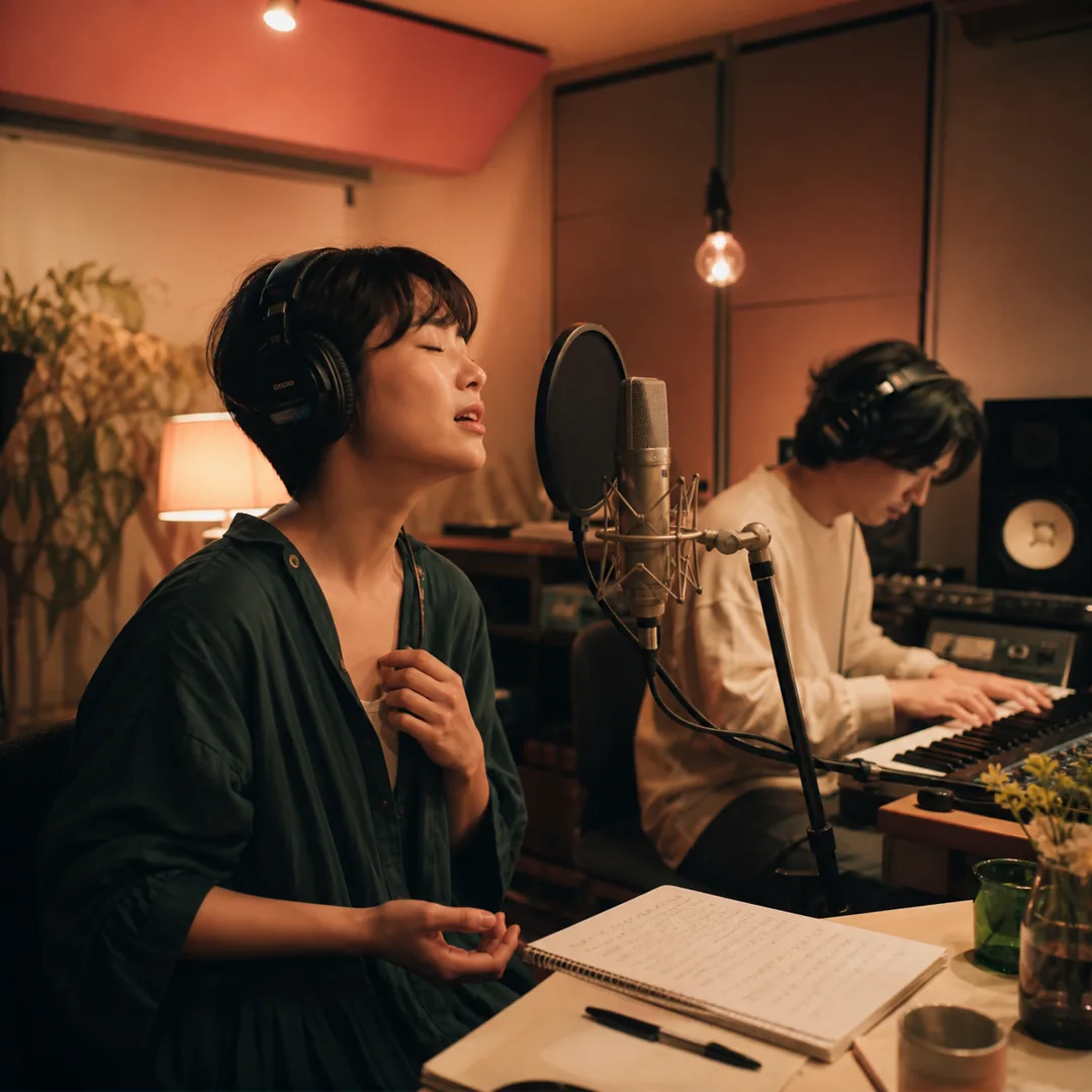 声と演奏を重ねて一曲を制作するレコーディング風景