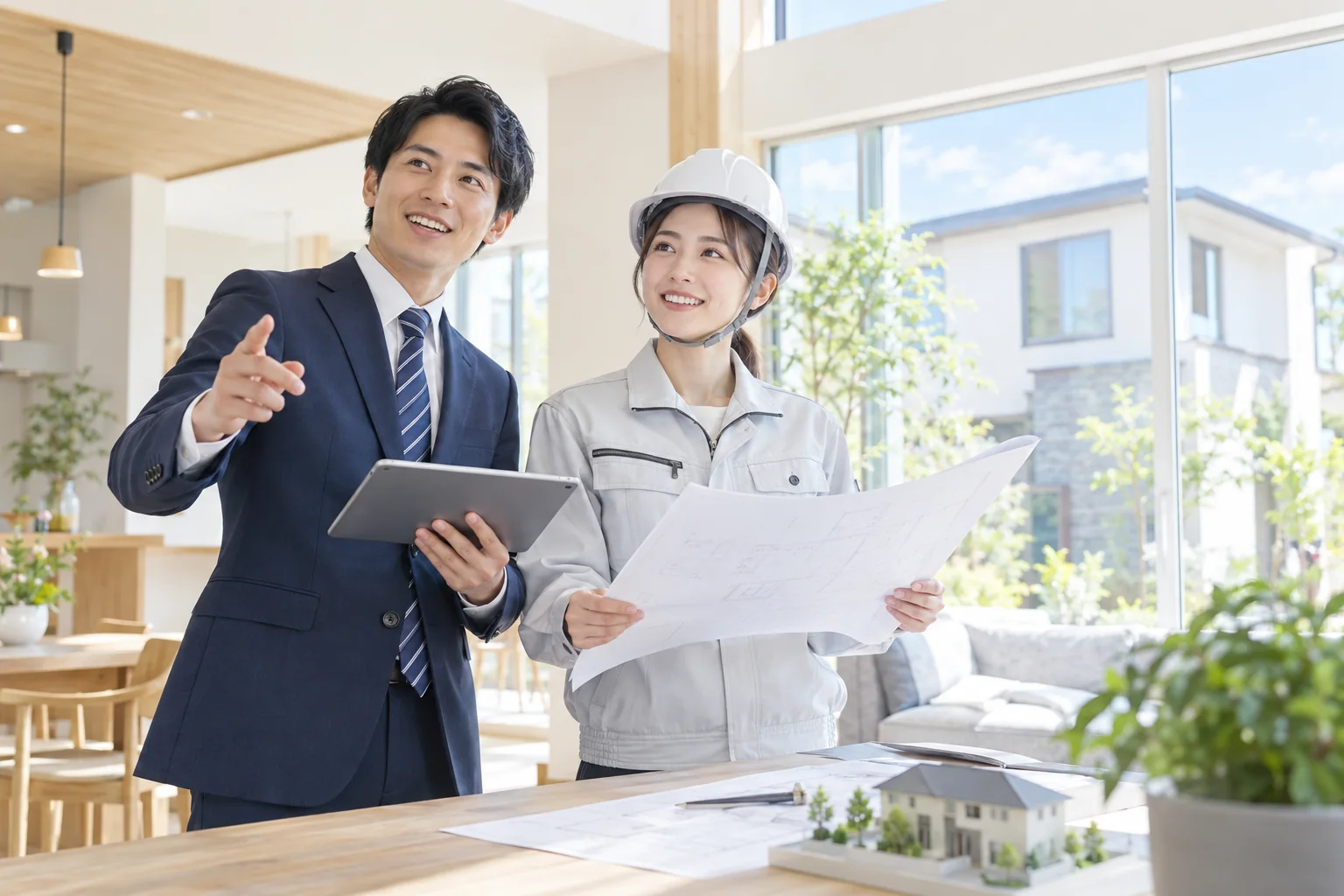 明るい住宅の室内で、男性の住宅営業担当と女性の施工管理担当が図面を確認