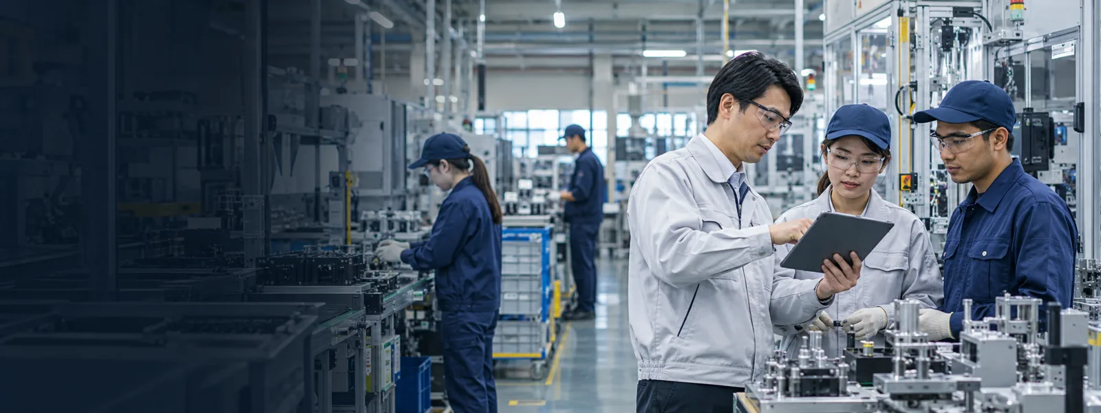 製造現場でタブレットを囲み、工程を確認する技術職と生産スタッフ