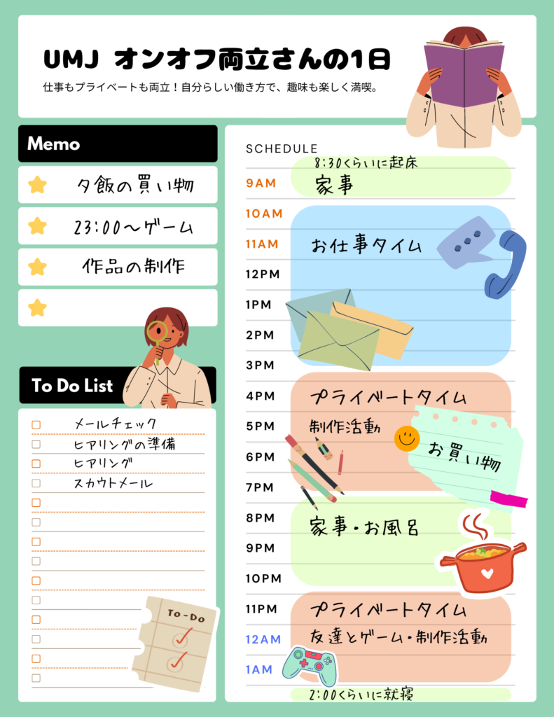 ユナイテッドマインドジャパン オンオフ両立さんの1日
仕事もプライベートも両立！自分らしい働き方で、趣味も楽しく満喫。

ゲーム
作品の制作
メールチェック
ヒアリングの準備
ヒアリング
スカウトメール