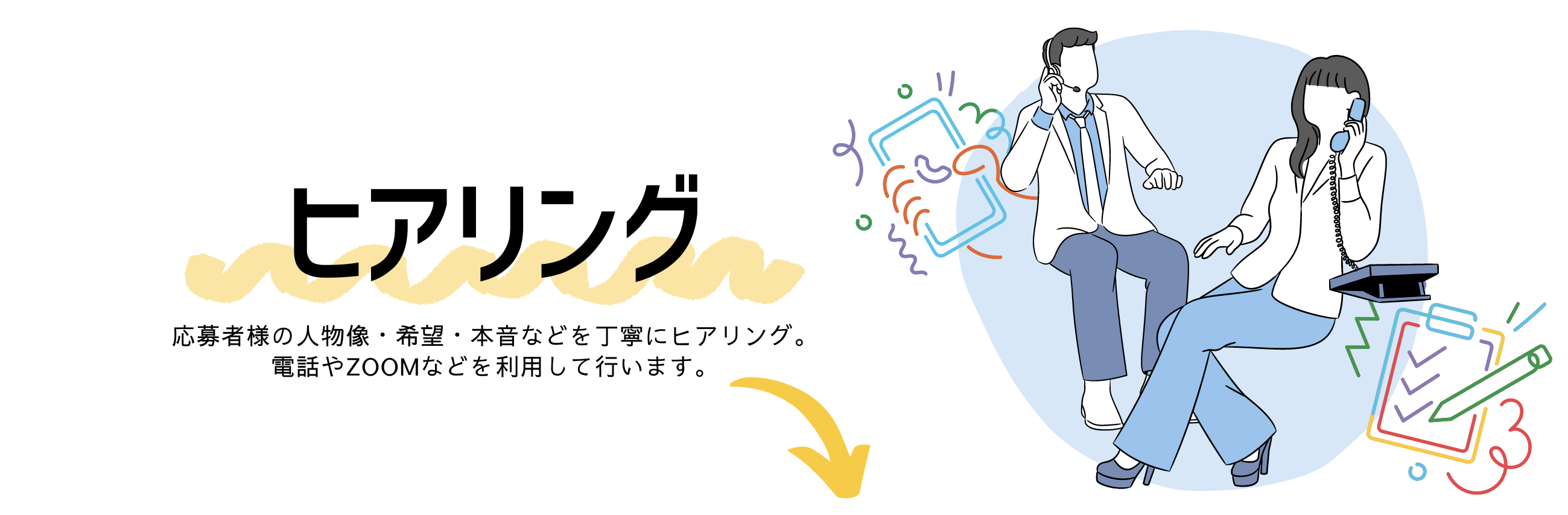 ヒアリング
応募者様の人物像・希望・本音などを丁寧にヒアリング。
電話やZOOMなどを利用して行います。