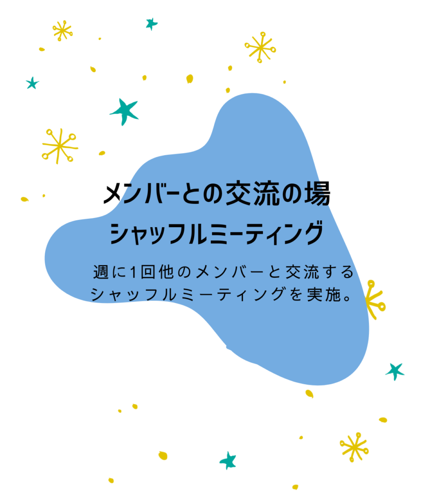 メンバーとの交流の場
シャッフルミーティング

週に1回他のメンバーと交流する
シャッフルミーティングを実施。