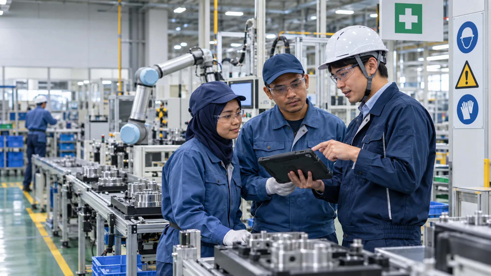 日本の製造現場でAI翻訳タブレットを見ながら工程を確認する日本人リーダーと外国人スタッフ