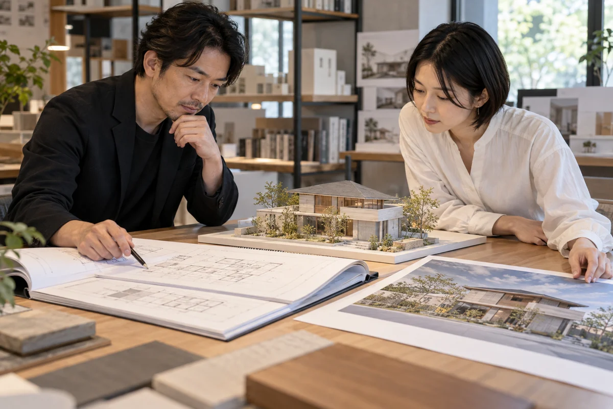 依頼する業務範囲と納品物を設計事務所と相談する企業担当者