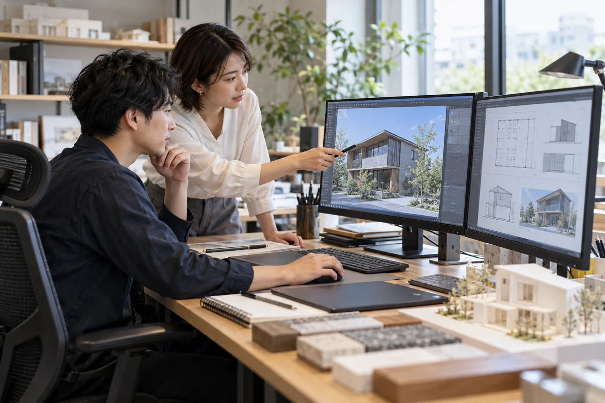CAD・BIMを使い住宅の図面を確認する設計チーム