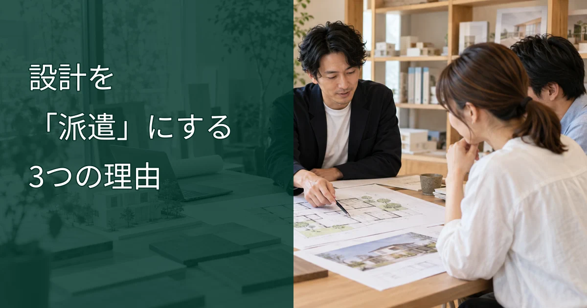 住宅設計の図面を見ながら設計人材の活用を相談するチーム