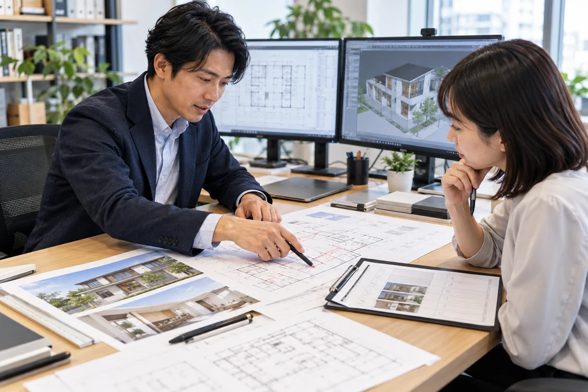 CAD図面とチェックリストでベトナム側への委託範囲を整理する日本の担当者