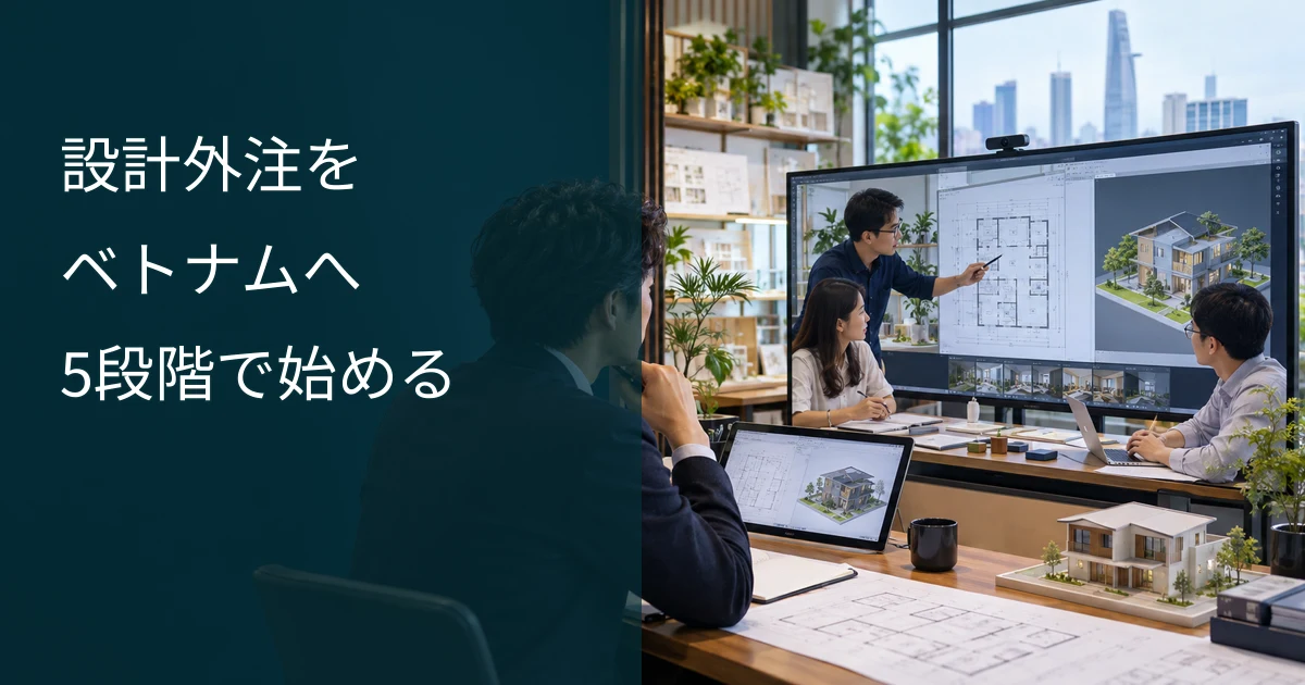 日本とベトナムのチームで建築図面をレビューし設計外注を立ち上げるイメージ